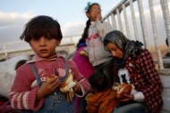 Kurdish Syrian refugees stand in a truck at the Turkish-Syrian border near the southeastern town of Suruc in Sanliurfa province