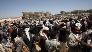 Yemeni armed tribesmen gather for a trib