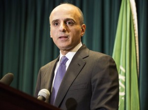 Saudi Ambassador to the U.S. Adel Al-Jubeir speaks about Saudi Arabia carrying out air strikes in Yemen against Houthi militias, during a news conference in Washington