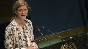 U.S. Ambassador  to the United Nations Samantha Power addresses the United Nations General Assembly during a meeting about the rise of anti-Semitism, at the UN headquarters in New York