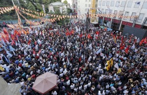 Demonstrators gather at Galatasaray square during a protest against the bomb attack in the border town of Suruc, in central Istanbul, Turkey