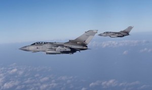 Two RAF Tornado GR4s fly during their first combat mission flown out of Akrotiri, Cyprus