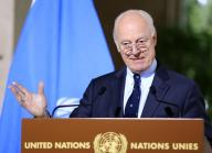ستافان دي ميستورا المبعوث الخاص للأمم المتحدة لسوريا خلال مؤتمر صحفي في جنيف يوم الخميس. تصوير: بيير البوي - رويترز.