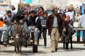 Syrian refugees ride on animal-drawn carts at the Al Zaatri refugee camp in Mafraq