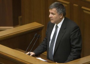 Newly elected interior minister Arsen Avakov delivers a speech during a session of the Ukrainian parliament in Kiev